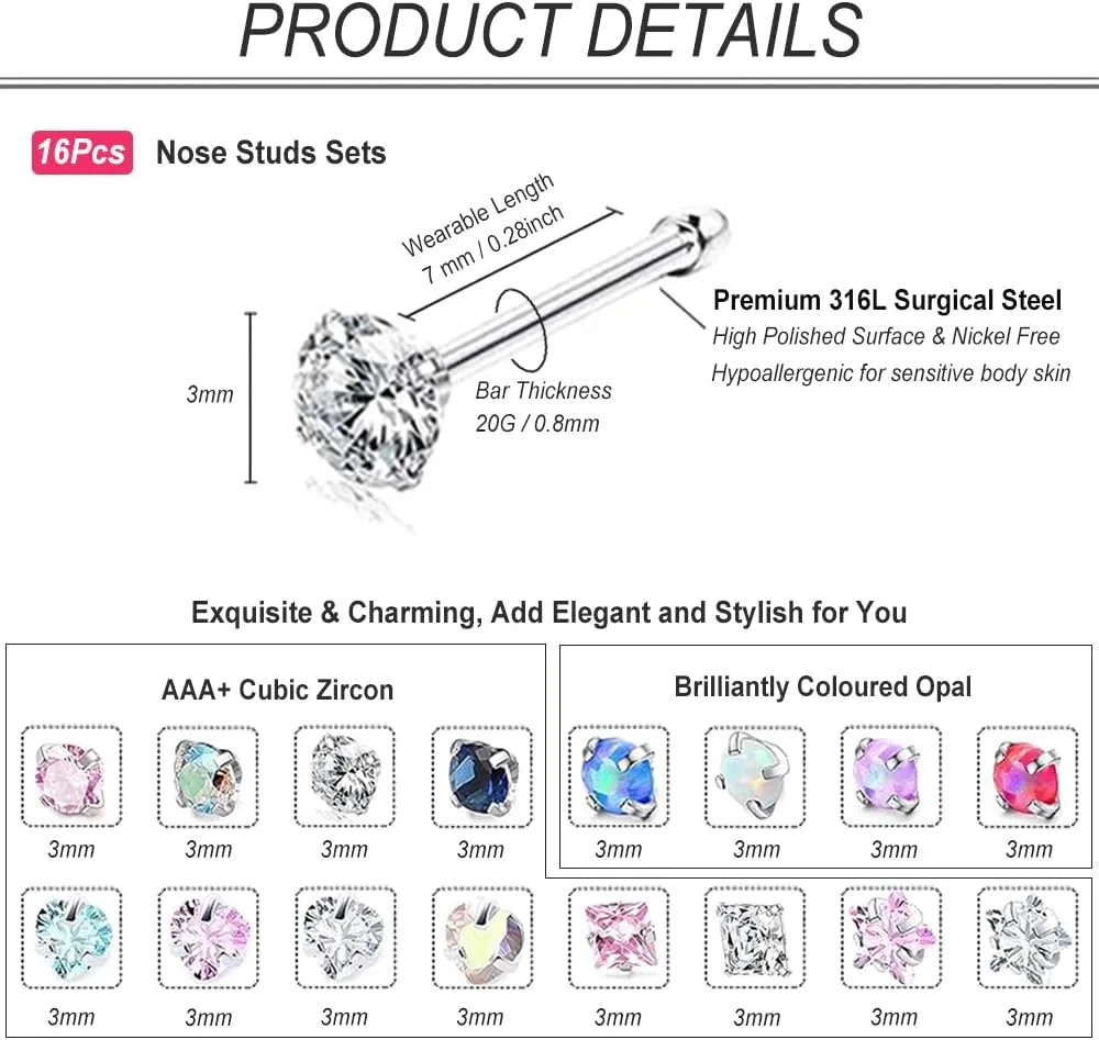 Nose Rings Studs for Women 16Pcs 20G Nose Studs Hypoallergenic 316L Surgical Steel Nose Piercings Jewelry 3mm CZ & Opal Nose Ring L Shape Nose Stud 20 Gauge Nose Screw Studs