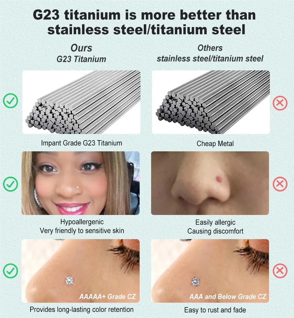 Nose Rings Studs G23 Titanium 20G Nose Studs for Women Men 18G Nose Rings Hoop Hypoallergenic Nose Piercings Jewelry 1.5/2/2.5/3 mm CZ L Shape Nose Screw Studs Hoop Rings for Helix Cartilage