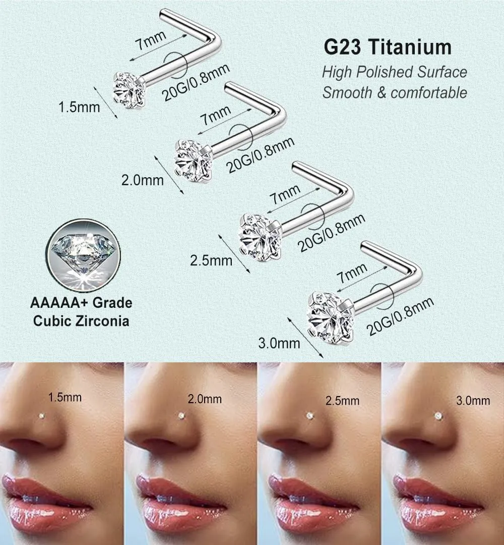 Nose Rings Studs G23 Titanium 20G Nose Studs for Women Men 18G Nose Rings Hoop Hypoallergenic Nose Piercings Jewelry 1.5/2/2.5/3 mm CZ L Shape Nose Screw Studs Hoop Rings for Helix Cartilage