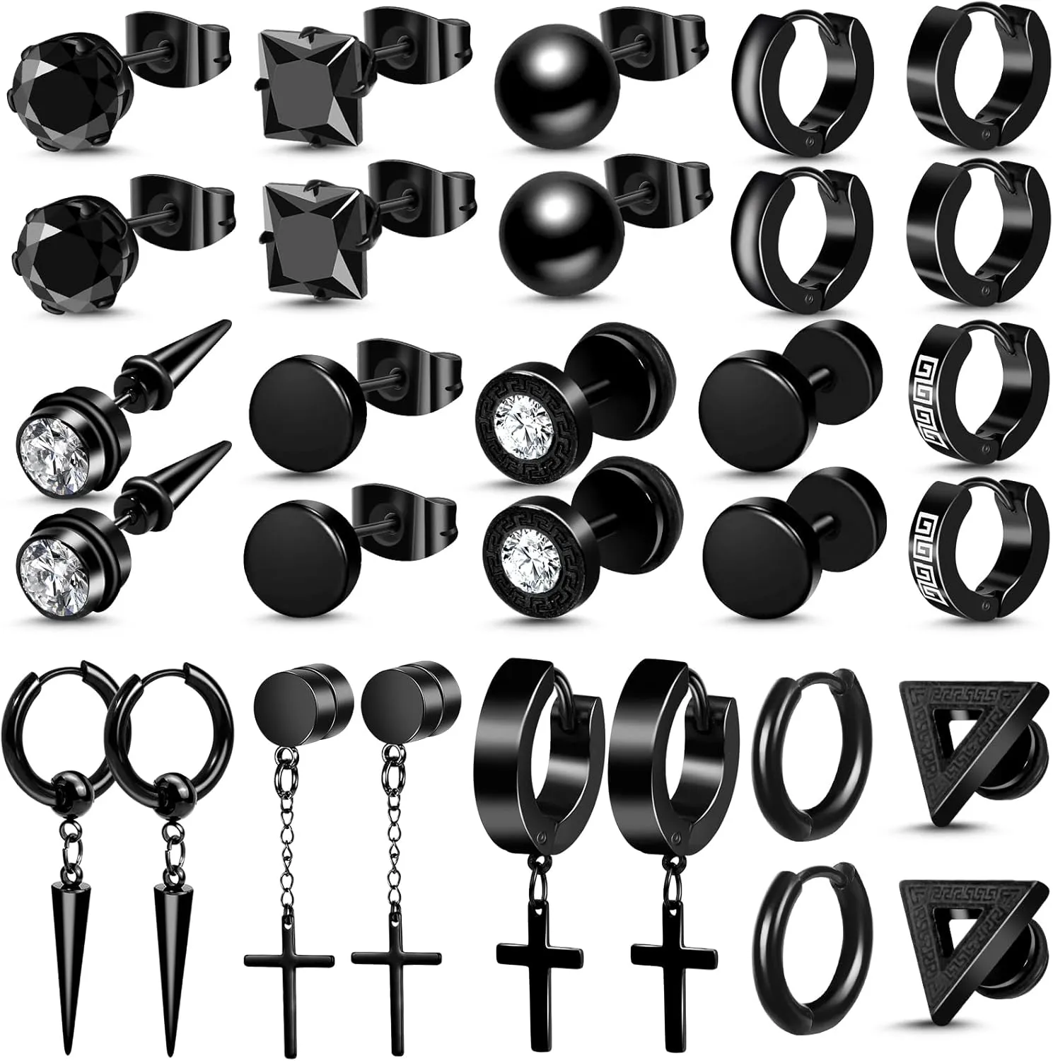ONESING 15 Pairs Black Earrings for Men, Stainless Steel Mens Earrings set with Studs Hoop Earring Cross Dangle Earrings Hypoallergenic Ear Piercing Jewelry for Men Women