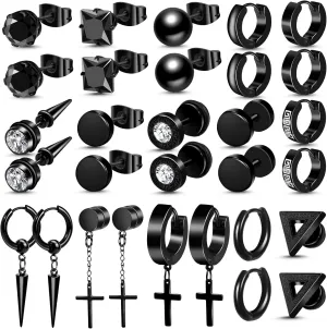 ONESING 15 Pairs Black Earrings for Men, Stainless Steel Mens Earrings set with Studs Hoop Earring Cross Dangle Earrings Hypoallergenic Ear Piercing Jewelry for Men Women