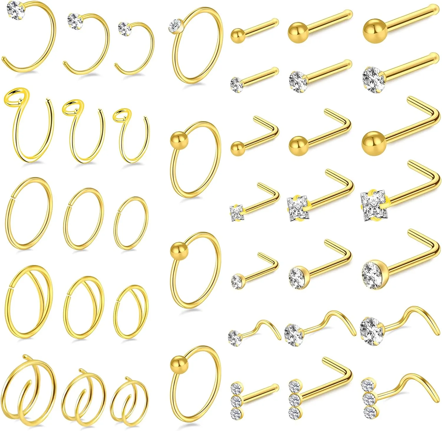 ONESING 23-40 Pcs Gold Nose Rings & Studs - 18G & 20G Nose Piercing Jewelry - L Shape, Hoop & Screw Body Jewelry for Women & Men