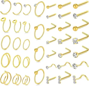 ONESING 23-40 Pcs Gold Nose Rings & Studs - 18G & 20G Nose Piercing Jewelry - L Shape, Hoop & Screw Body Jewelry for Women & Men