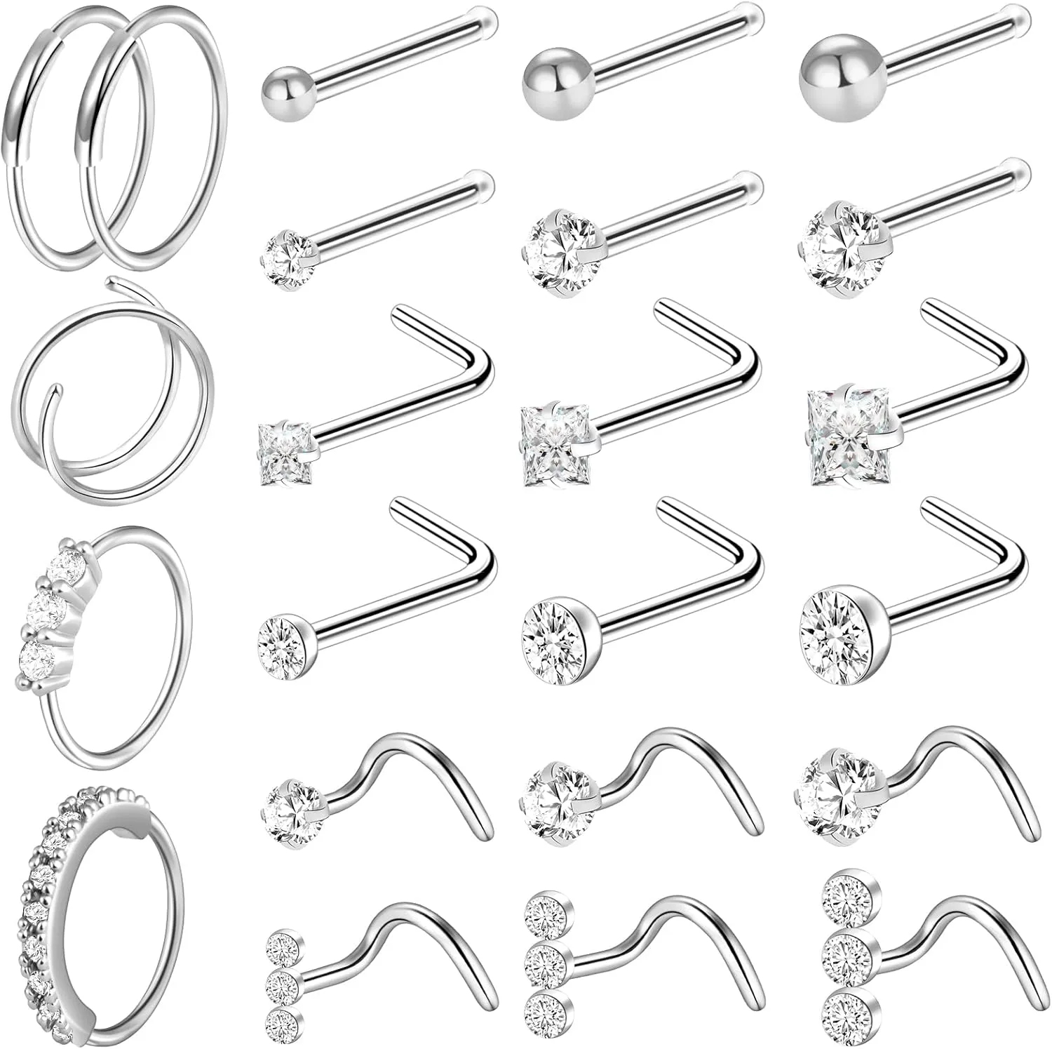 ONESING 23-40 Pcs Gold Nose Rings & Studs - 18G & 20G Nose Piercing Jewelry - L Shape, Hoop & Screw Body Jewelry for Women & Men