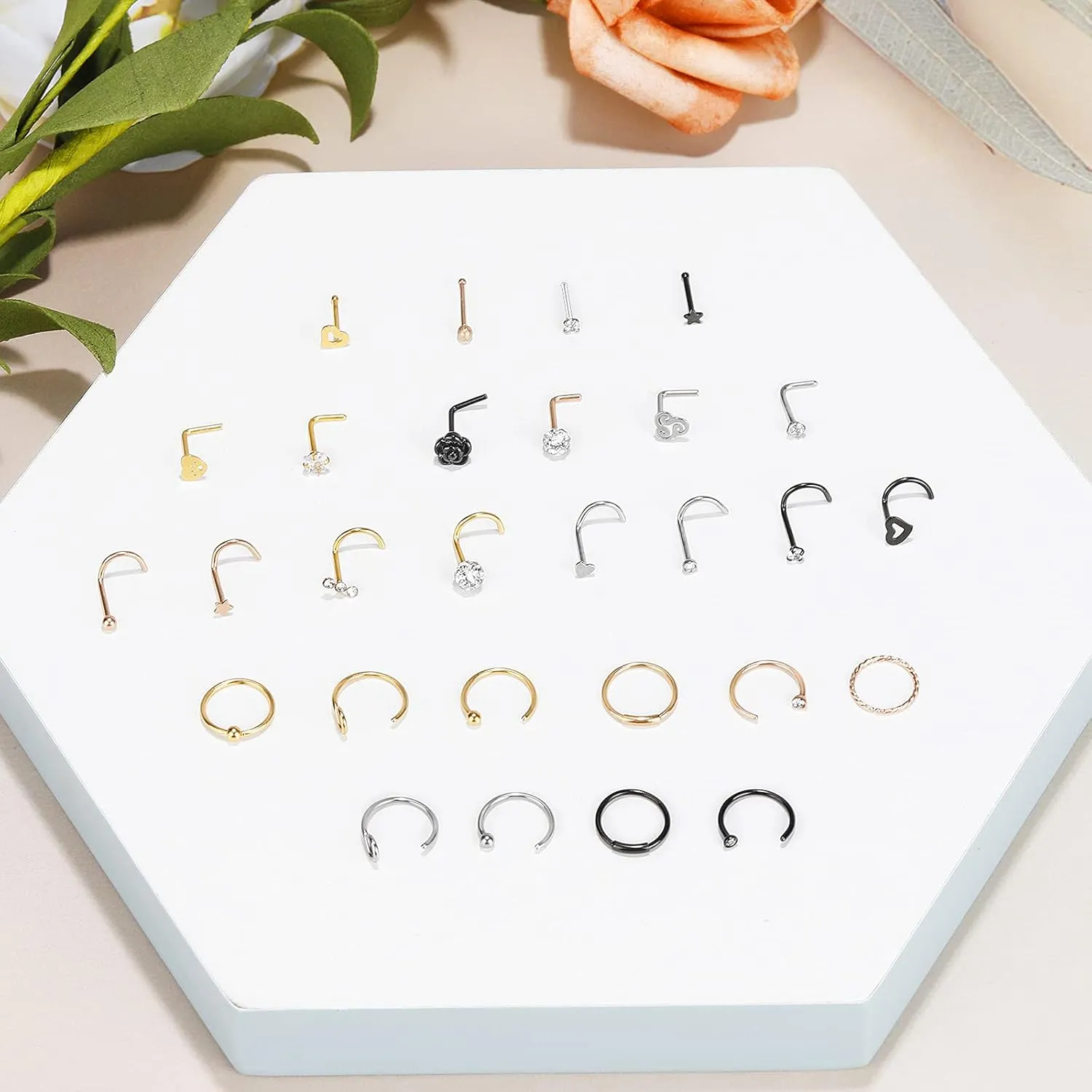 ONESING 35-70 PCS 18G 20G Nose Rings for Women & Men - Gold Hoops, L Shape, Studs & Screw - 316L Surgical Stainless Steel