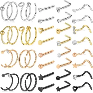 ONESING 35-70 PCS 18G 20G Nose Rings for Women & Men - Gold Hoops, L Shape, Studs & Screw - 316L Surgical Stainless Steel