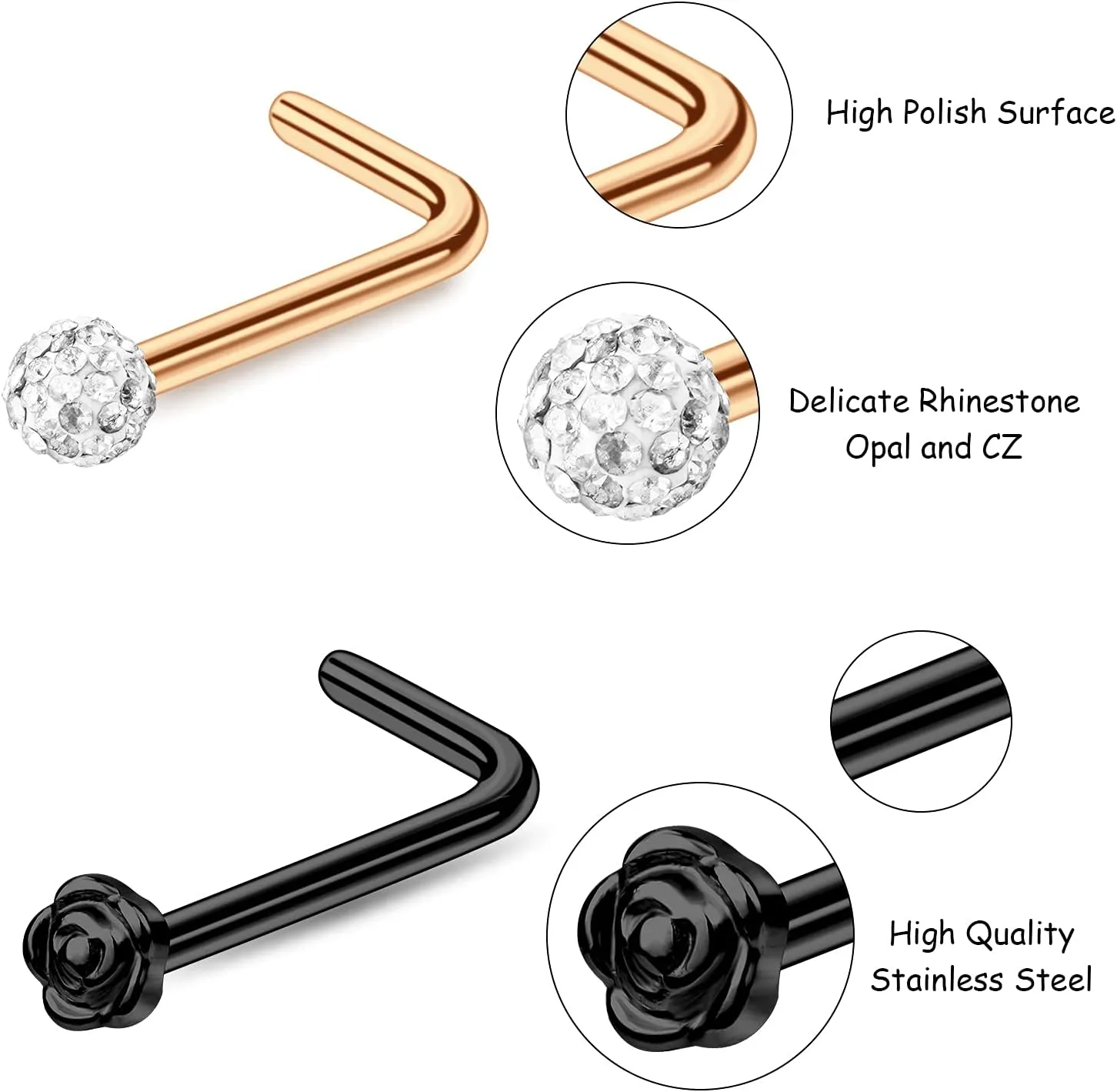 ONESING 35-70 PCS 18G 20G Nose Rings for Women & Men - Gold Hoops, L Shape, Studs & Screw - 316L Surgical Stainless Steel