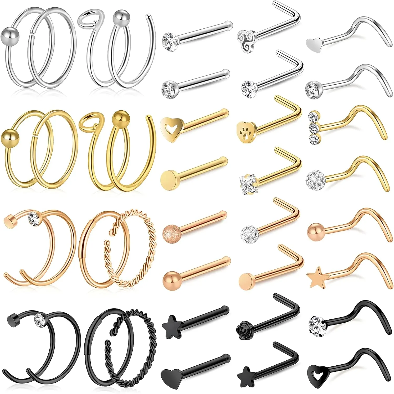 ONESING 35-70 PCS 18G 20G Nose Rings for Women & Men - Gold Hoops, L Shape, Studs & Screw - 316L Surgical Stainless Steel