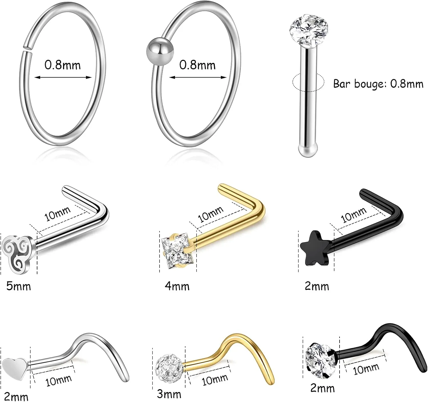 ONESING 35-70 PCS 18G 20G Nose Rings for Women & Men - Gold Hoops, L Shape, Studs & Screw - 316L Surgical Stainless Steel