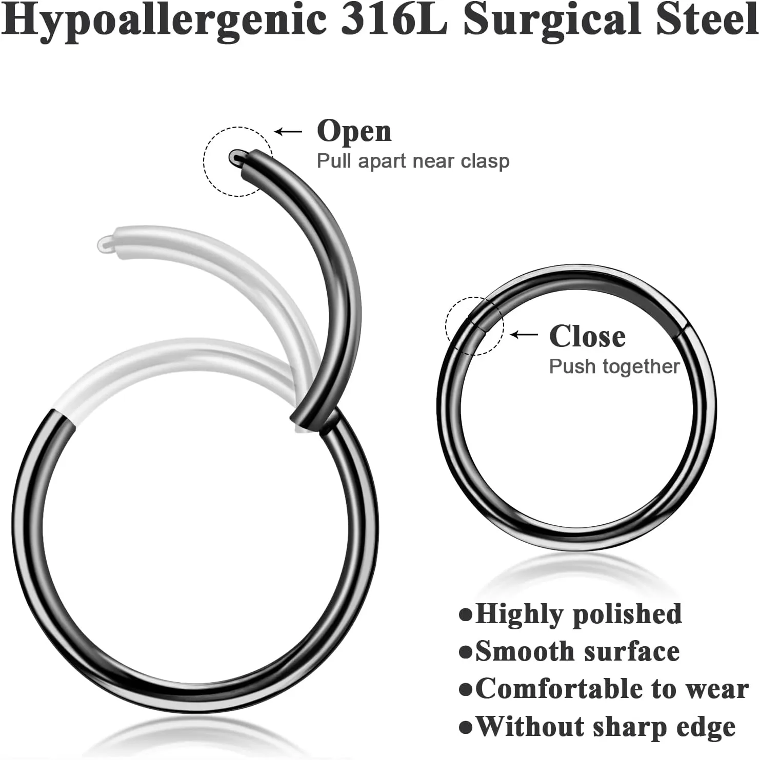ONESING 5pcs Nose Rings Hoops 14G-20G Hinged CZ Conch Piercing Jewelry 316L Surgical Steel Septum & Lip Rings 6mm-14mm