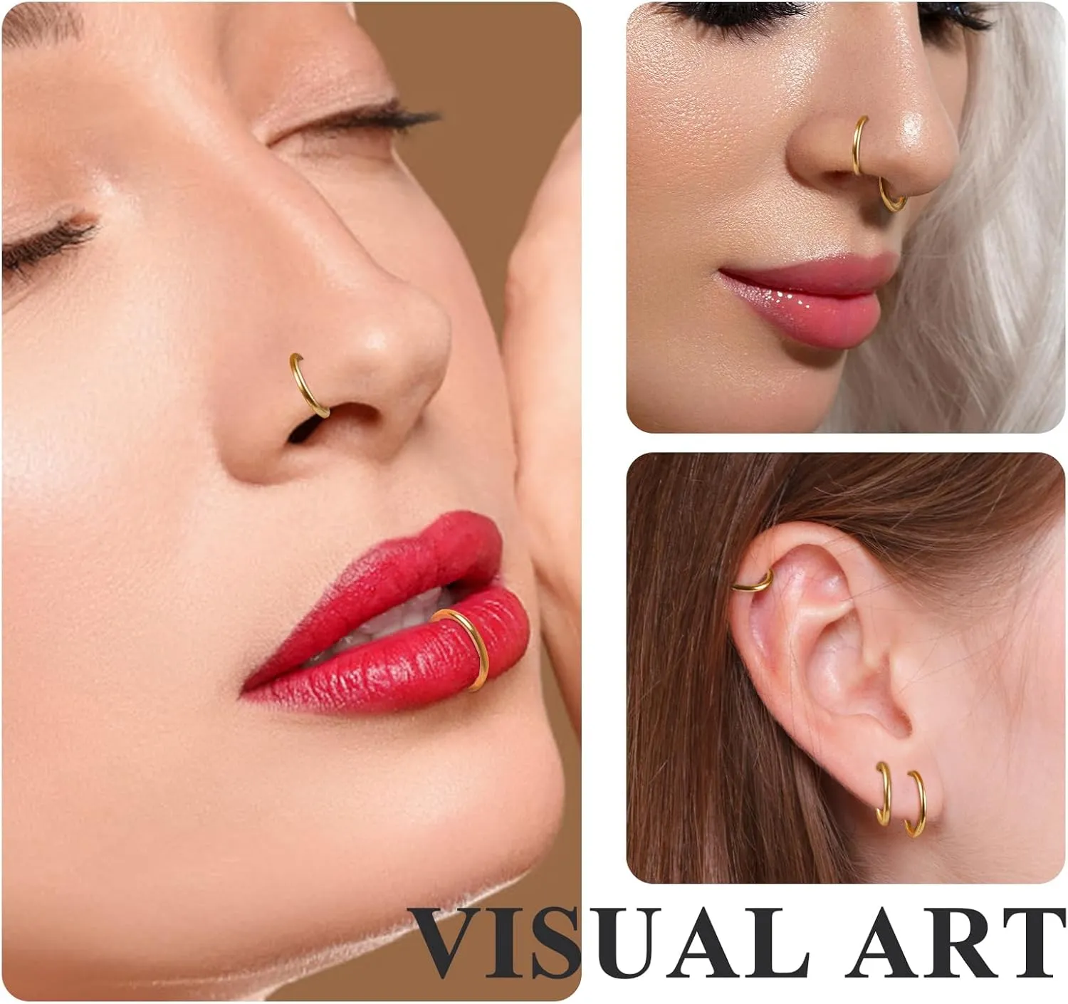 ONESING 5pcs Nose Rings Hoops 14G-20G Hinged CZ Conch Piercing Jewelry 316L Surgical Steel Septum & Lip Rings 6mm-14mm