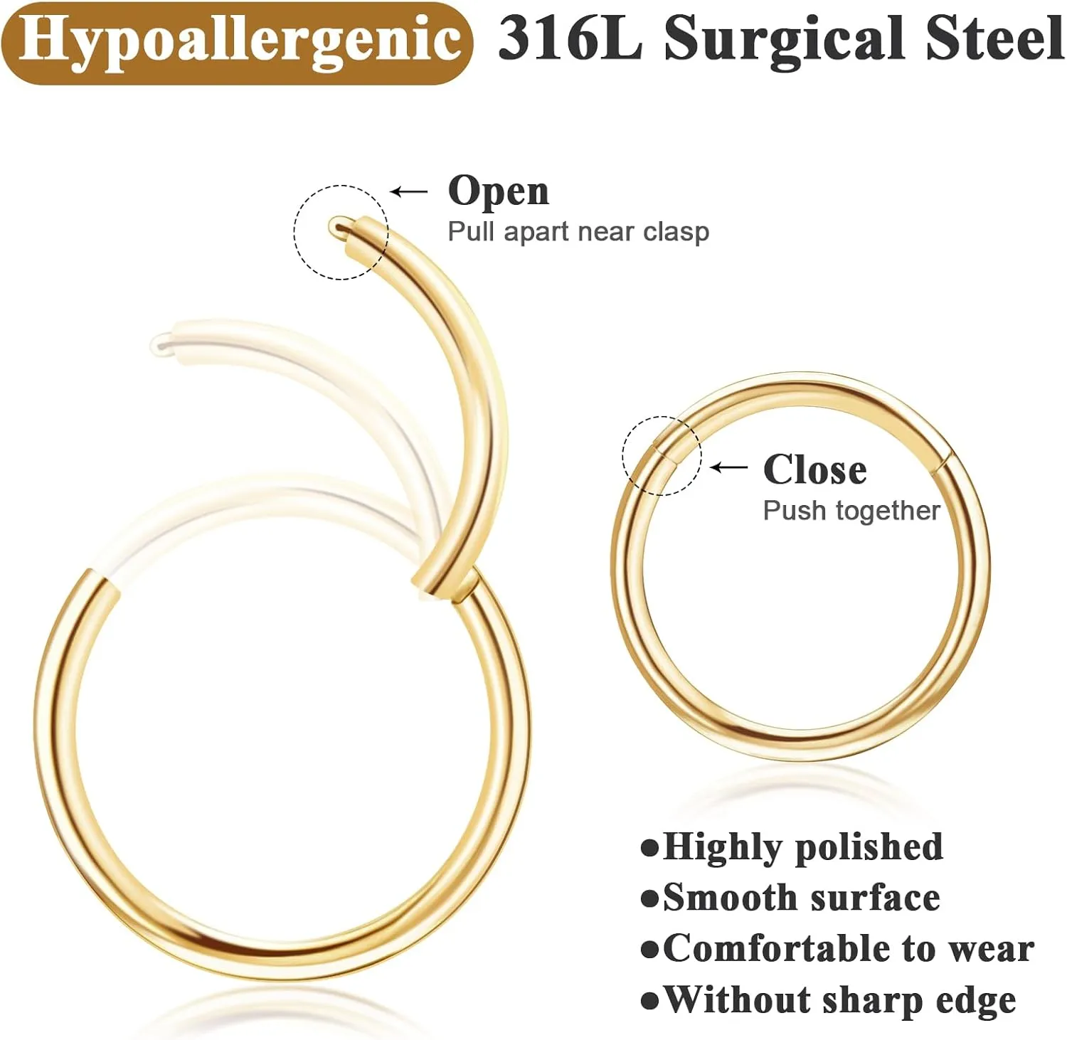 ONESING 5pcs Nose Rings Hoops 14G-20G Hinged CZ Conch Piercing Jewelry 316L Surgical Steel Septum & Lip Rings 6mm-14mm