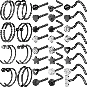 ONESING 9-40 Pcs Nose Rings - Hoops, Studs & L Shape - Hypoallergenic Stainless Steel Nose Piercings for Women & Men