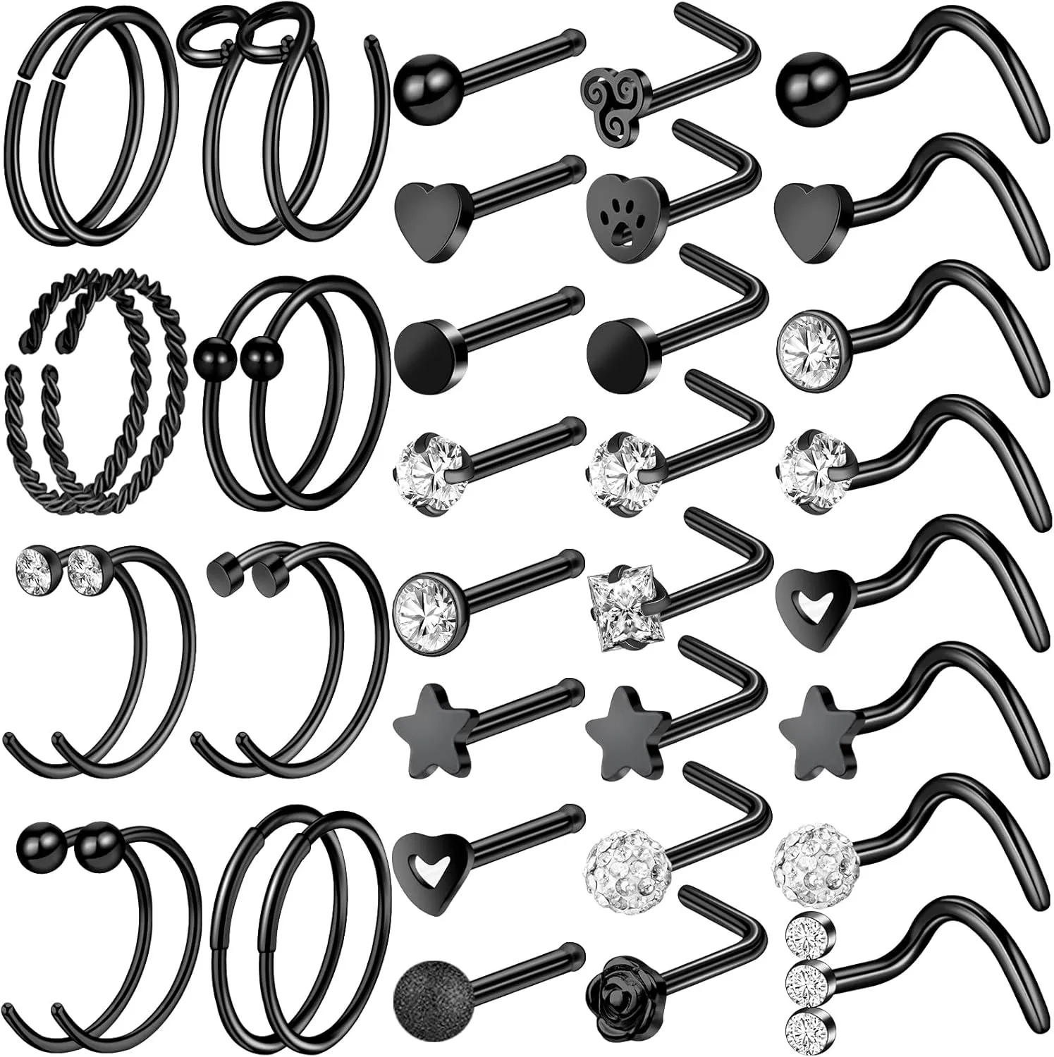 ONESING 9-40 Pcs Nose Rings - Hoops, Studs & L Shape - Hypoallergenic Stainless Steel Nose Piercings for Women & Men