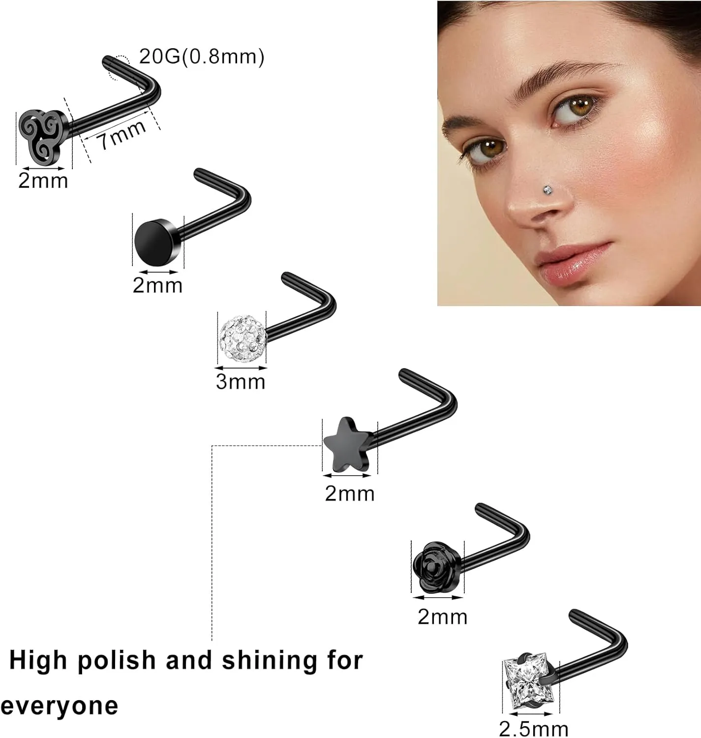 ONESING 9-40 Pcs Nose Rings - Hoops, Studs & L Shape - Hypoallergenic Stainless Steel Nose Piercings for Women & Men