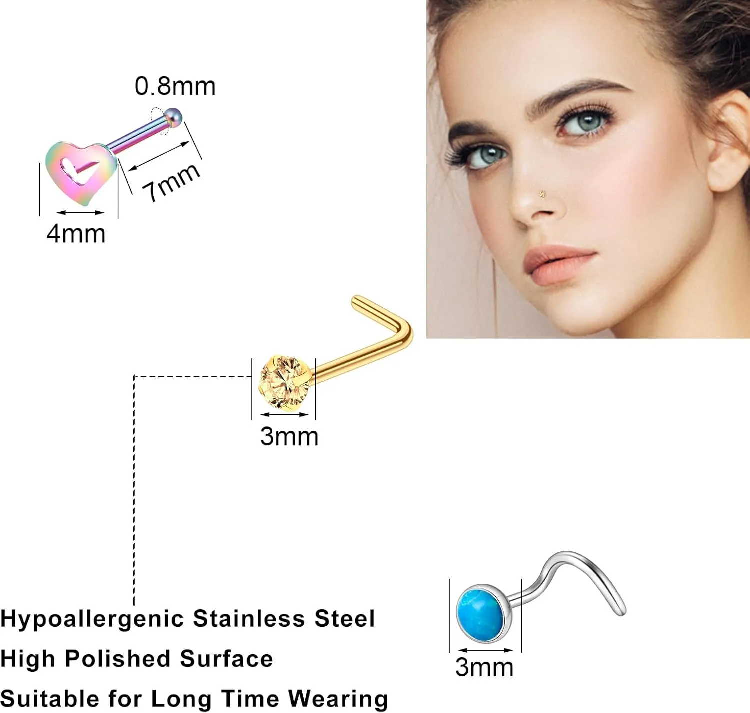 ONESING 9-40 Pcs Nose Rings - Hoops, Studs & L Shape - Hypoallergenic Stainless Steel Nose Piercings for Women & Men
