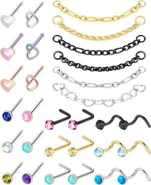 ONESING 9-40 Pcs Nose Rings - Hoops, Studs & L Shape - Hypoallergenic Stainless Steel Nose Piercings for Women & Men
