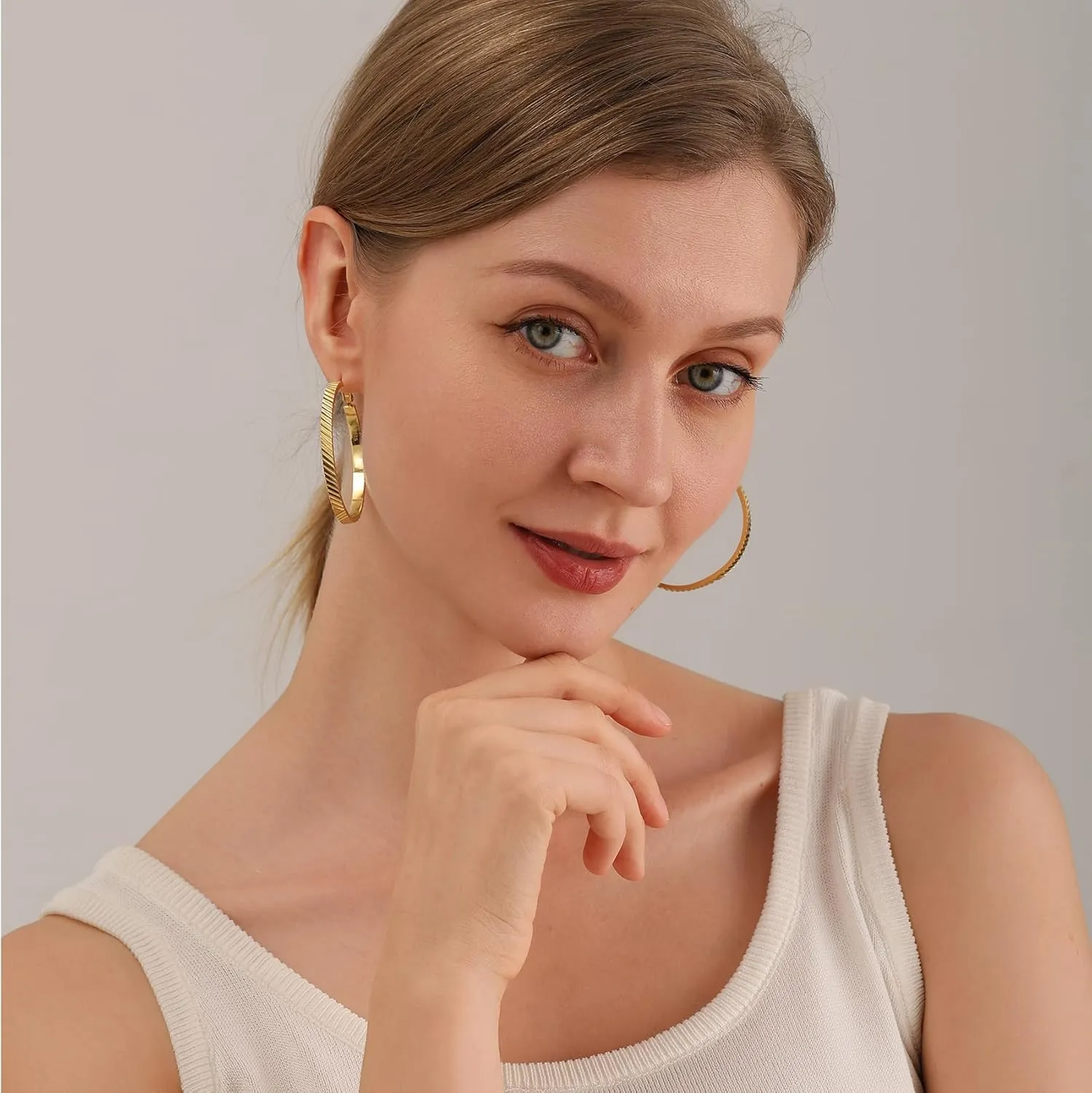 OOOPEL Wide Large Hoop Earrings for Women Stripe Chunky Hoops Minimalist S925 Sterling Silver Hypoallergenic Thick Big Gold Hoop Earrings