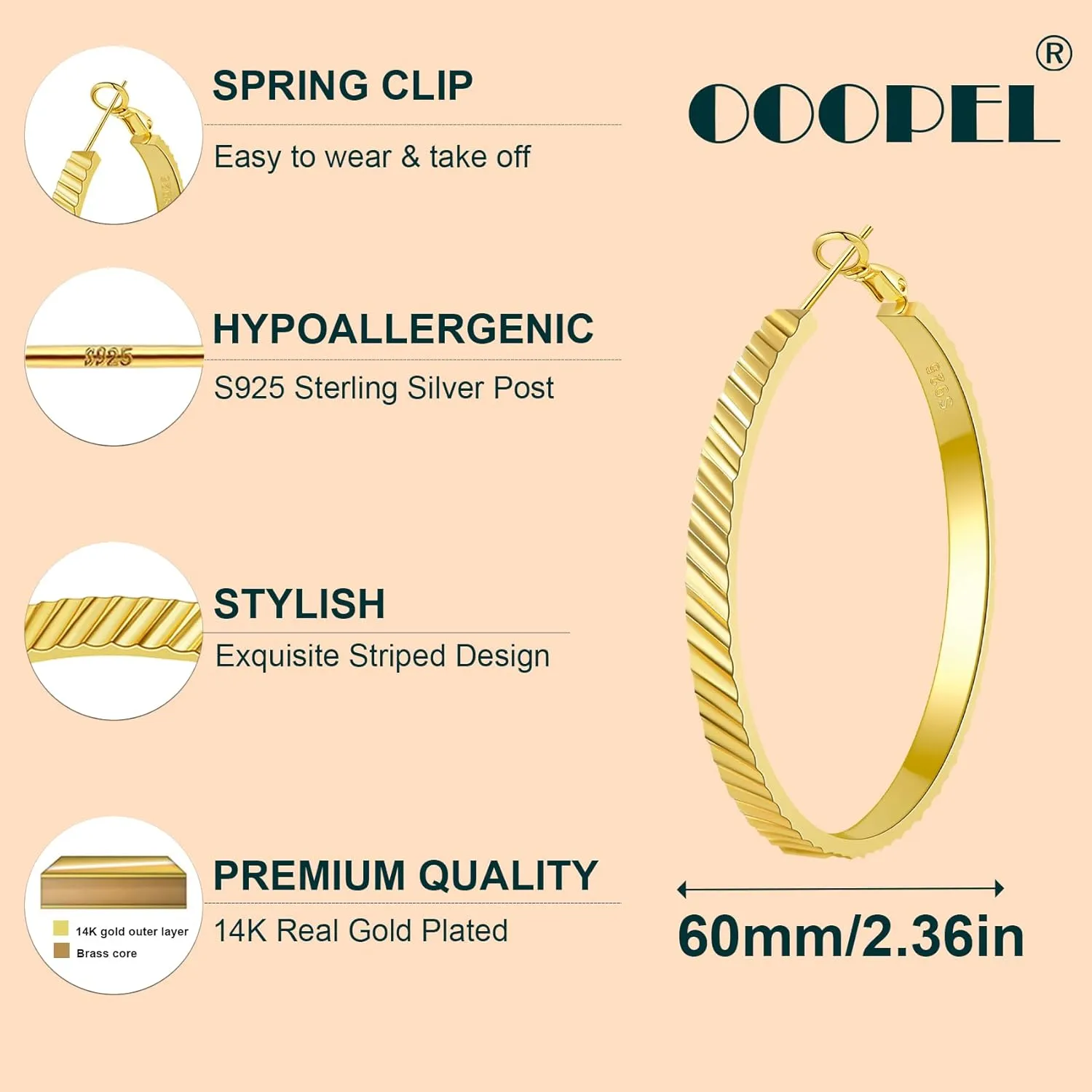 OOOPEL Wide Large Hoop Earrings for Women Stripe Chunky Hoops Minimalist S925 Sterling Silver Hypoallergenic Thick Big Gold Hoop Earrings