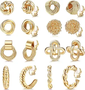 ORAZIO Clip On Earrings Set - 8 Pairs, Gold & Silver Hoops & Studs, Non-Pierced, Fake Earrings