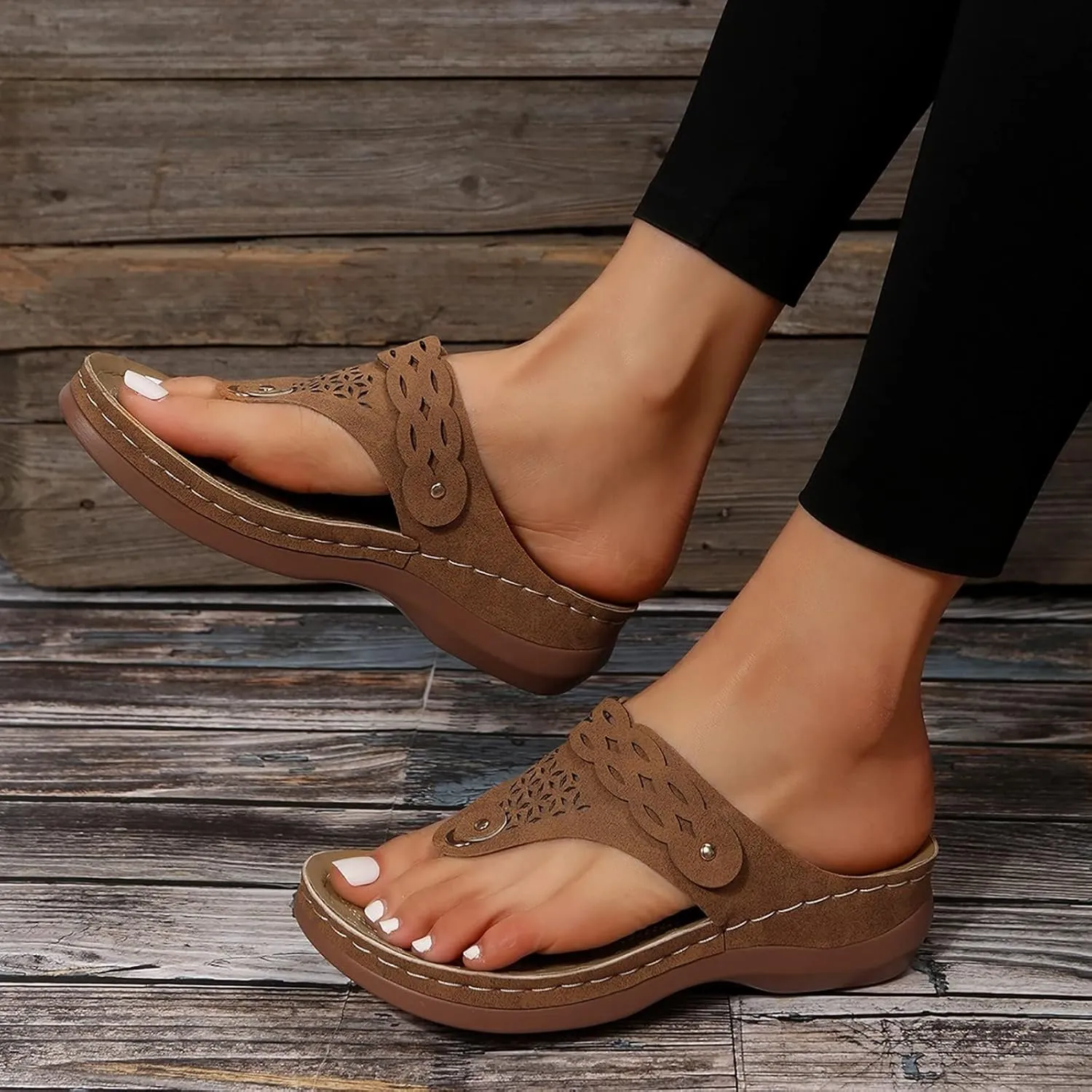 Orthopedic Wedge Sandals for Women Summer Comfortable Slip On Soft Leather Flip Flops Casual Thong Dressy T-Strap Sandals Lightweight Ladies Beach Shoes