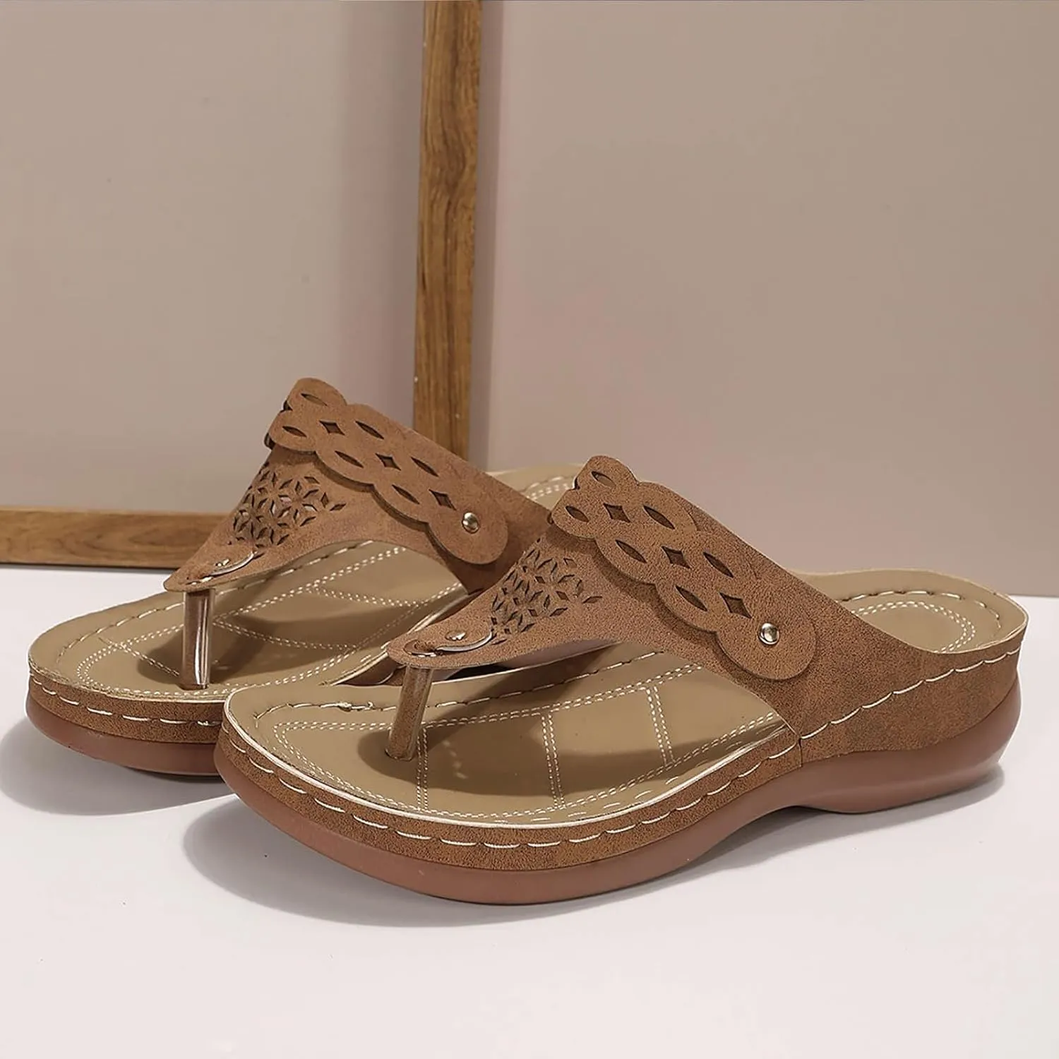 Orthopedic Wedge Sandals for Women Summer Comfortable Slip On Soft Leather Flip Flops Casual Thong Dressy T-Strap Sandals Lightweight Ladies Beach Shoes