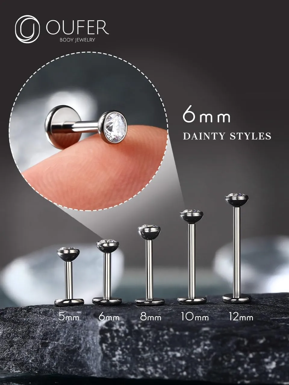 OUFER 2Pcs 20G/18G/16G G23 Titanium Threadless Nose Stud Earrings Flat Back Tiny CZ Small Nose Helix Cartilage Tragus Conch Labret Medusa Monroe Piercing Jewelry for Women Men