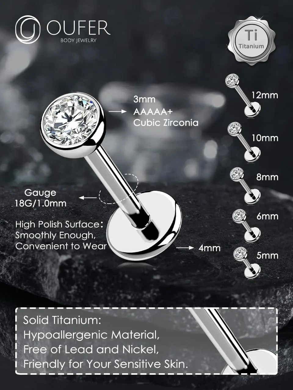 OUFER 2Pcs 20G/18G/16G G23 Titanium Threadless Nose Stud Earrings Flat Back Tiny CZ Small Nose Helix Cartilage Tragus Conch Labret Medusa Monroe Piercing Jewelry for Women Men