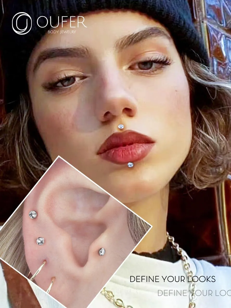 OUFER 2Pcs 20G/18G/16G G23 Titanium Threadless Nose Stud Earrings Flat Back Tiny CZ Small Nose Helix Cartilage Tragus Conch Labret Medusa Monroe Piercing Jewelry for Women Men