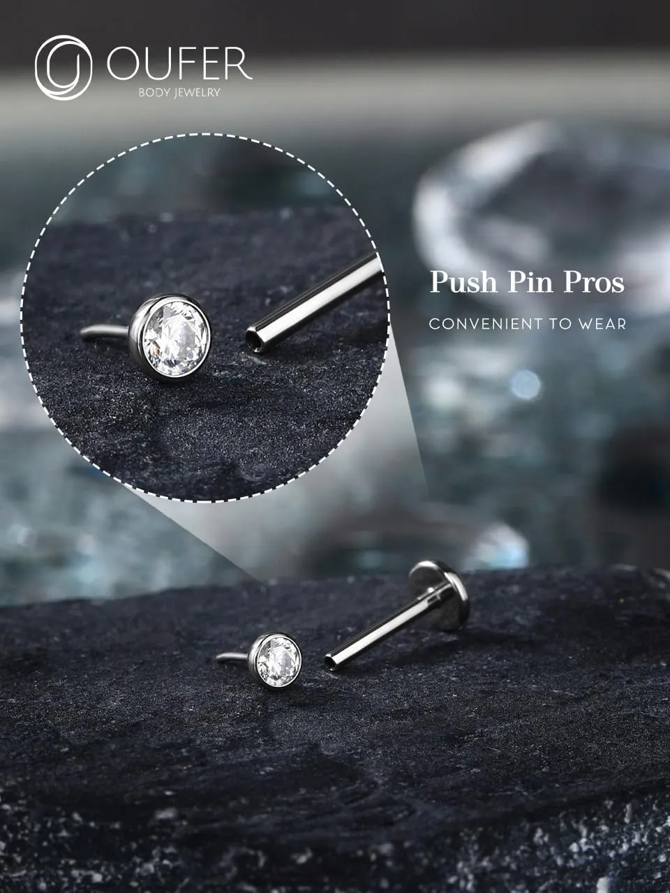 OUFER 2Pcs 20G/18G/16G G23 Titanium Threadless Nose Stud Earrings Flat Back Tiny CZ Small Nose Helix Cartilage Tragus Conch Labret Medusa Monroe Piercing Jewelry for Women Men