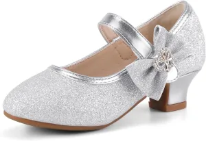 PANDANINJIA Christy Girls Heels Dress Shoes Mary Jane Rhinestone Bows Pumps Low Heel Princess Flower Wedding Party for Toddler Little Kid