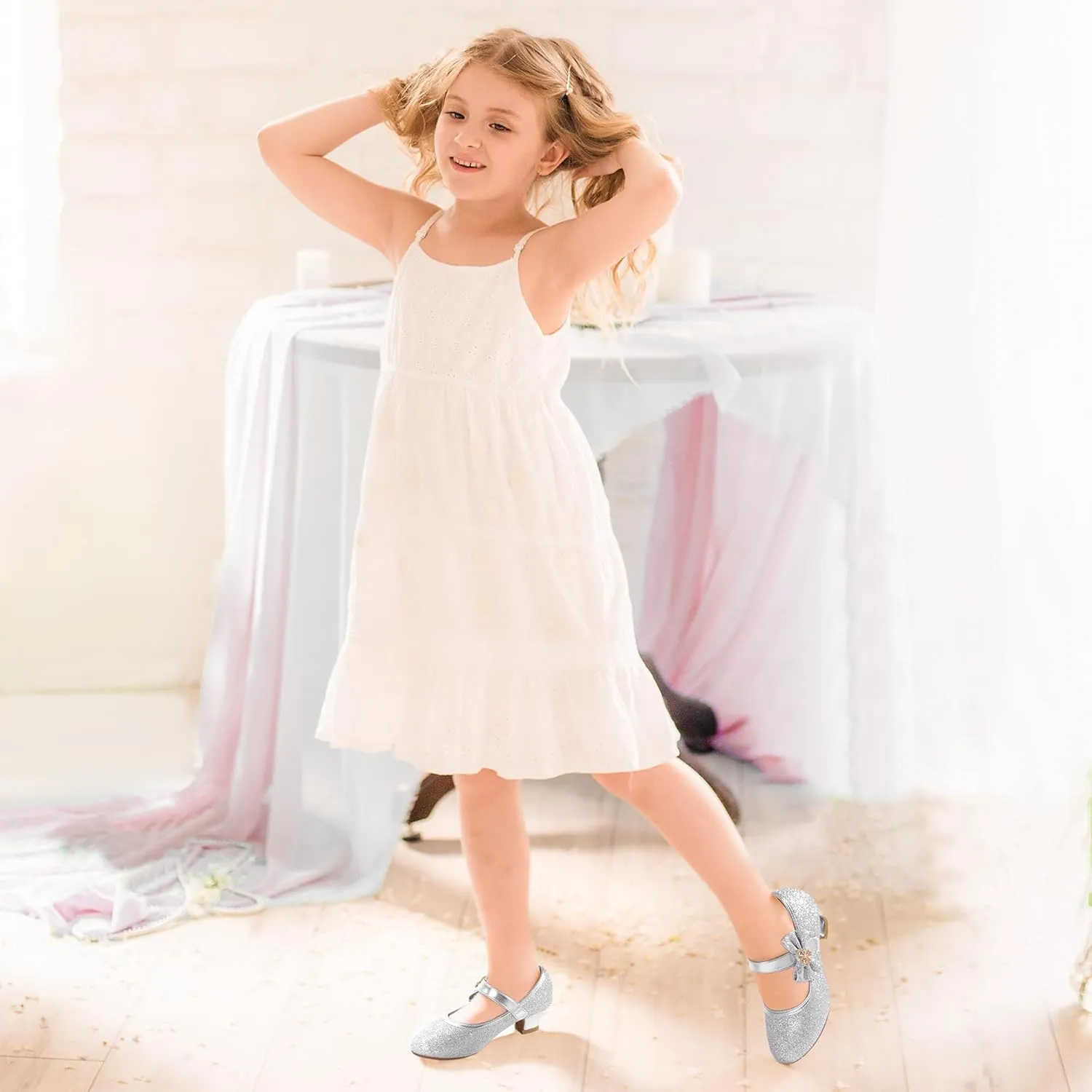 PANDANINJIA Christy Girls Heels Dress Shoes Mary Jane Rhinestone Bows Pumps Low Heel Princess Flower Wedding Party for Toddler Little Kid