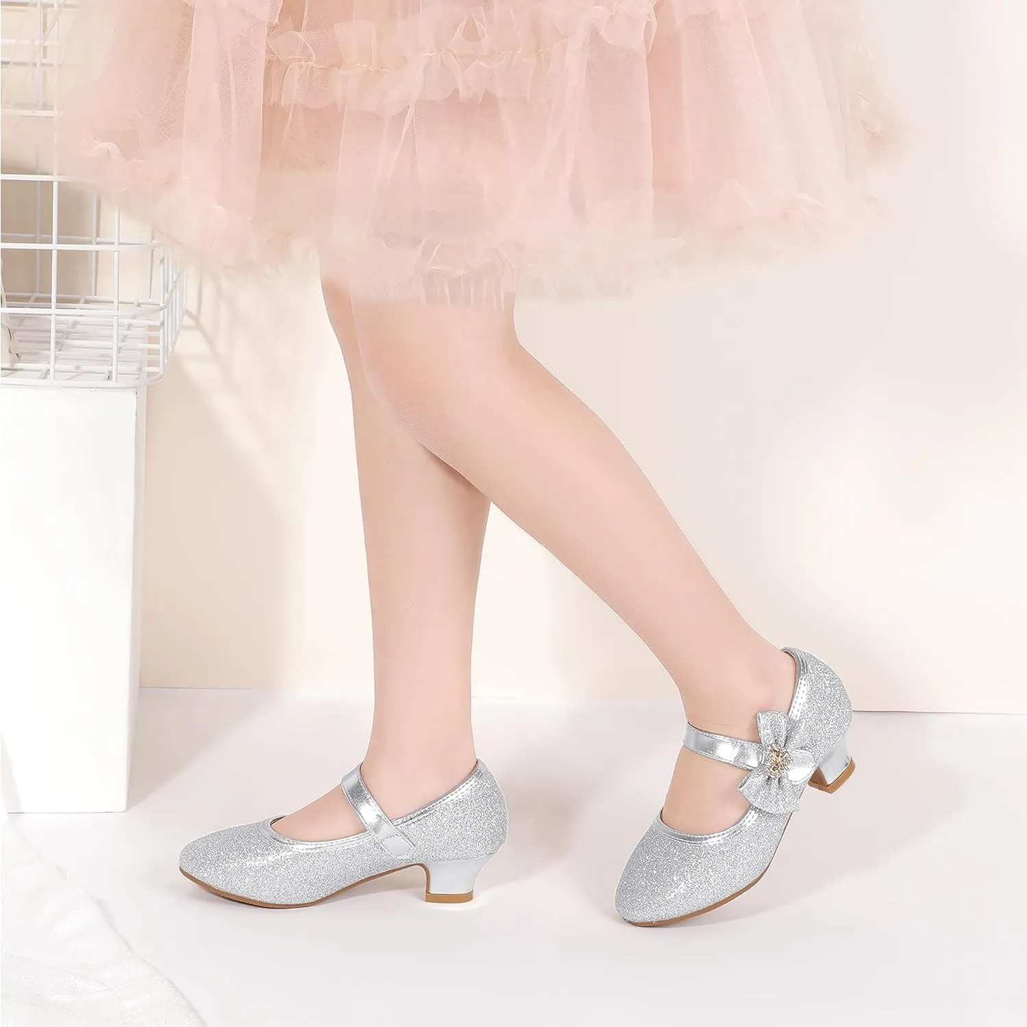 PANDANINJIA Christy Girls Heels Dress Shoes Mary Jane Rhinestone Bows Pumps Low Heel Princess Flower Wedding Party for Toddler Little Kid