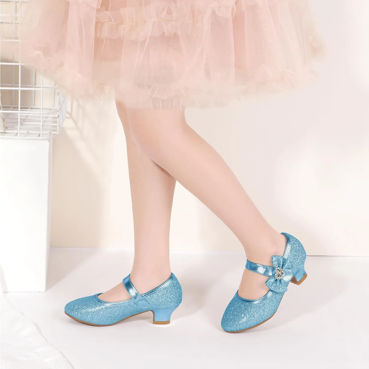 PANDANINJIA Christy Girls Heels Dress Shoes Mary Jane Rhinestone Bows Pumps Low Heel Princess Flower Wedding Party for Toddler Little Kid