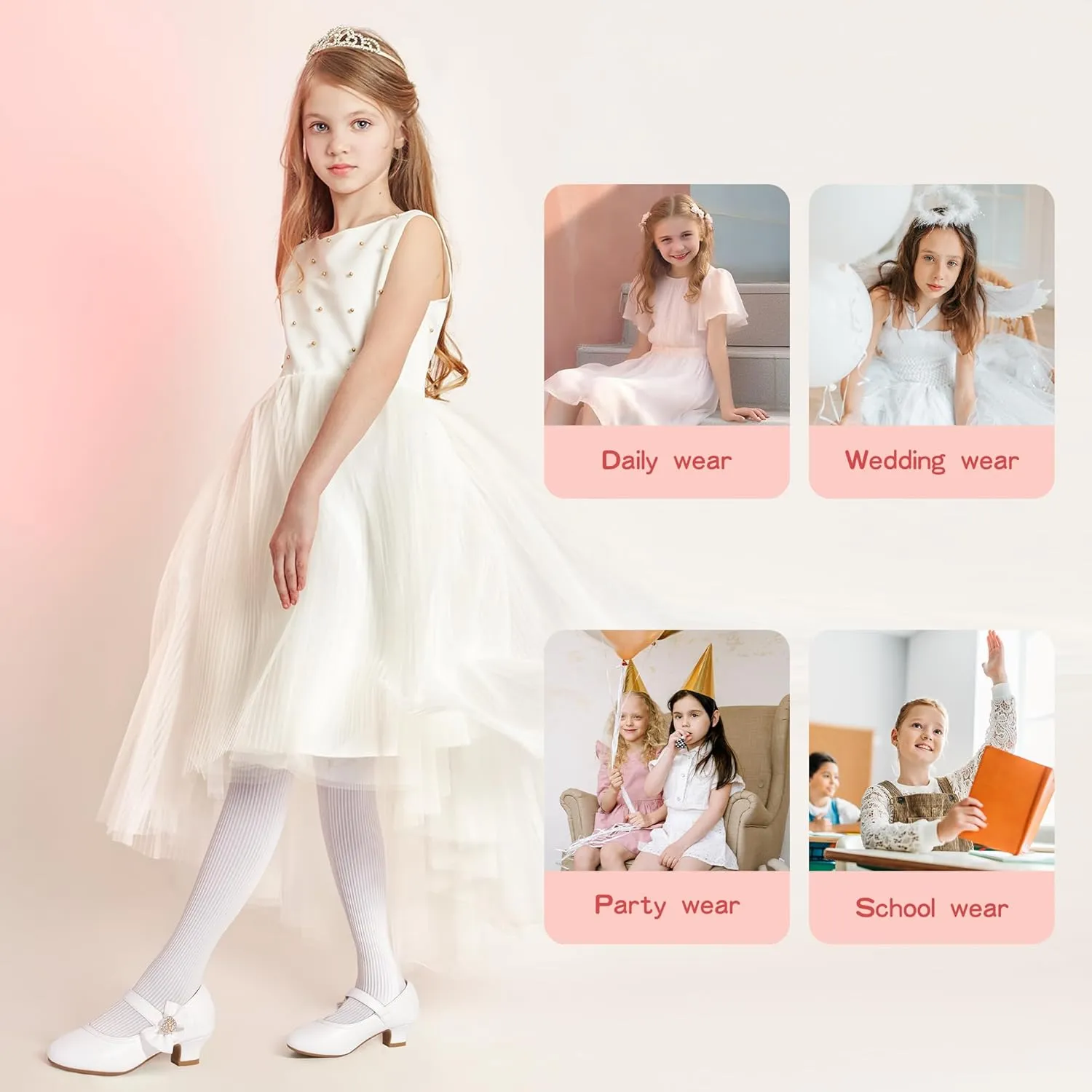 PANDANINJIA Christy Girls Heels Dress Shoes Mary Jane Rhinestone Bows Pumps Low Heel Princess Flower Wedding Party for Toddler Little Kid