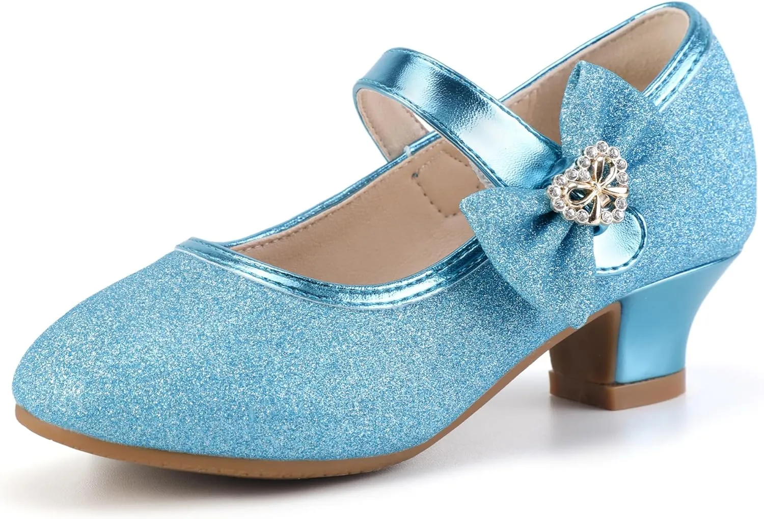 PANDANINJIA Christy Girls Heels Dress Shoes Mary Jane Rhinestone Bows Pumps Low Heel Princess Flower Wedding Party for Toddler Little Kid