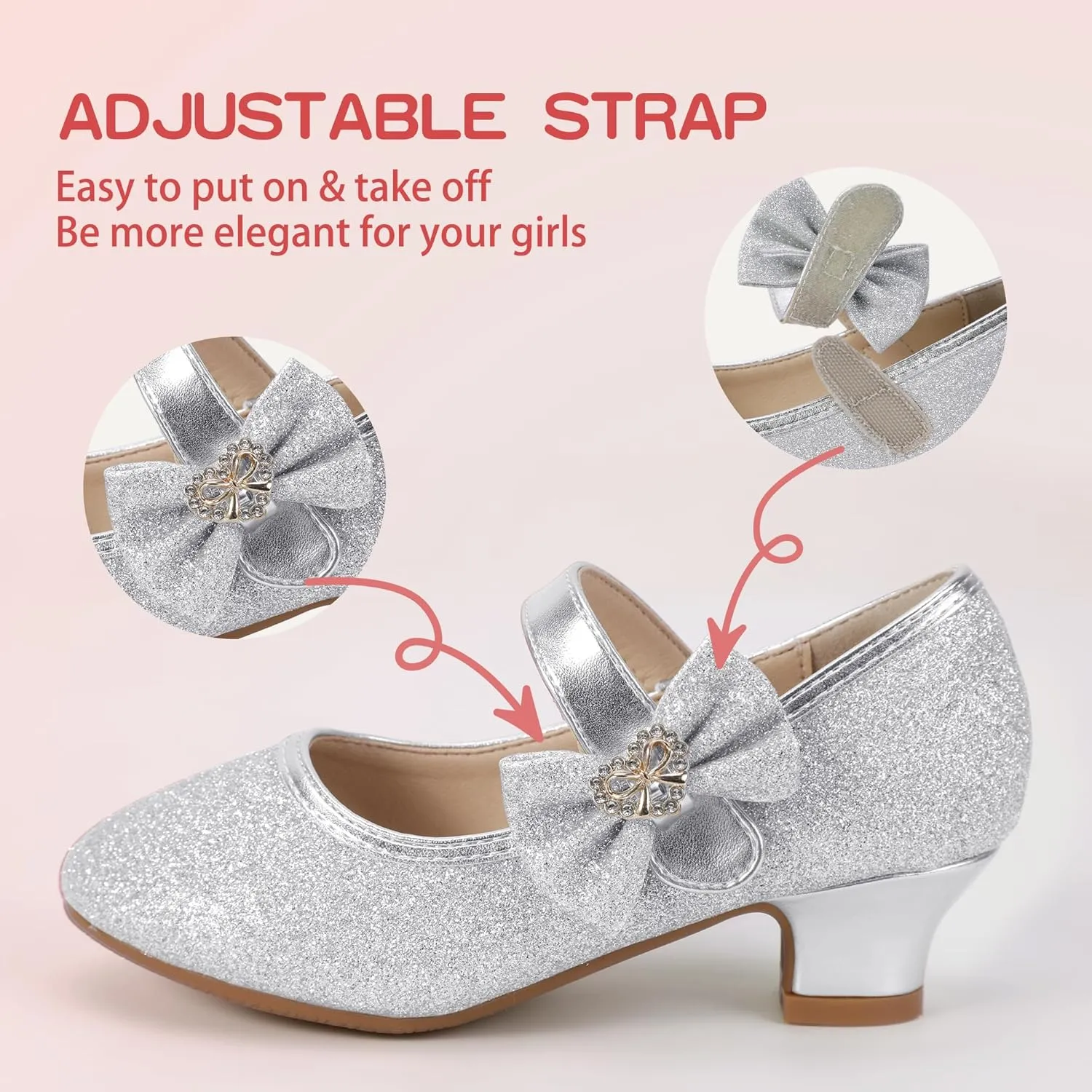 PANDANINJIA Christy Girls Heels Dress Shoes Mary Jane Rhinestone Bows Pumps Low Heel Princess Flower Wedding Party for Toddler Little Kid