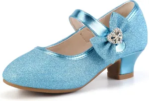 PANDANINJIA Christy Girls Heels Dress Shoes Mary Jane Rhinestone Bows Pumps Low Heel Princess Flower Wedding Party for Toddler Little Kid