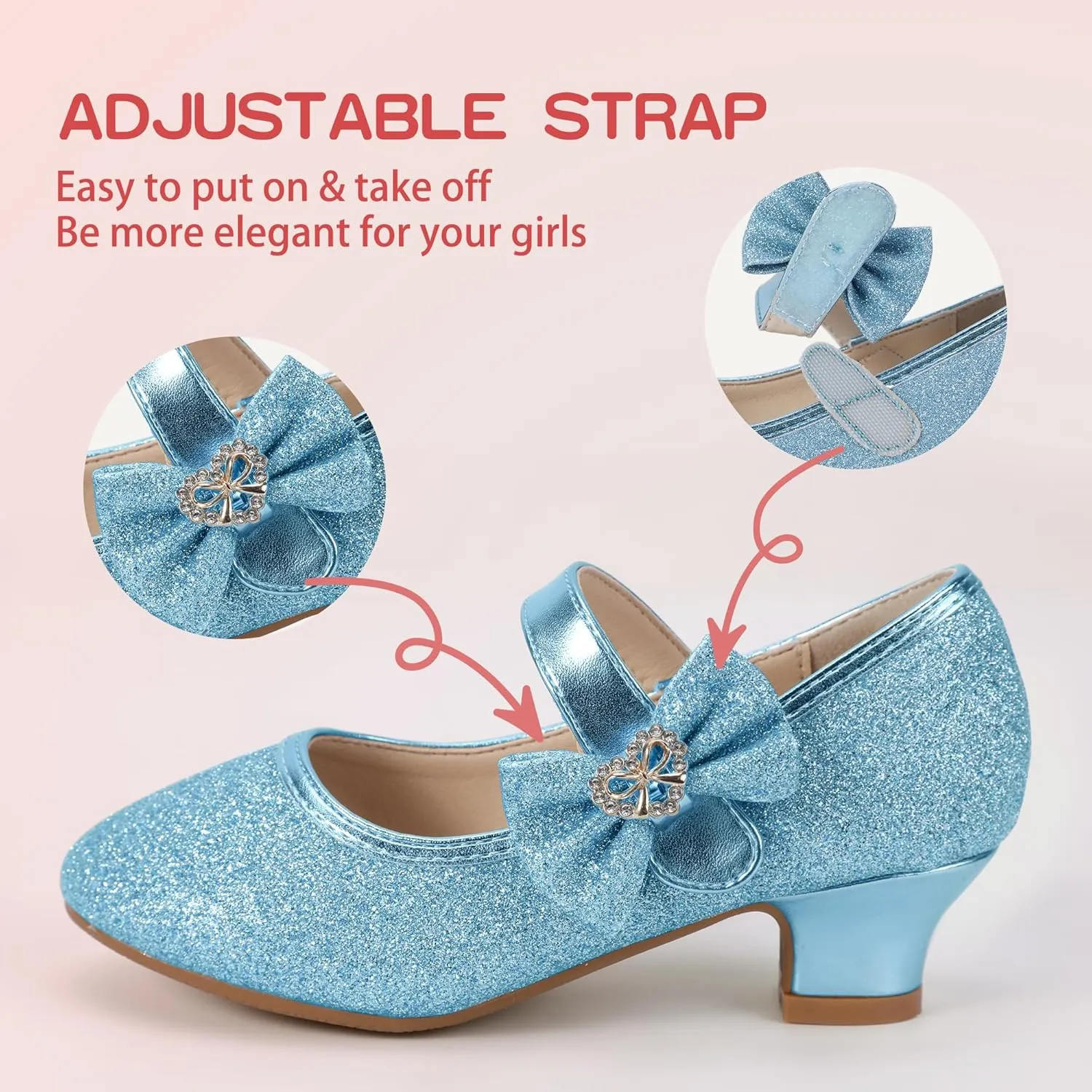 PANDANINJIA Christy Girls Heels Dress Shoes Mary Jane Rhinestone Bows Pumps Low Heel Princess Flower Wedding Party for Toddler Little Kid