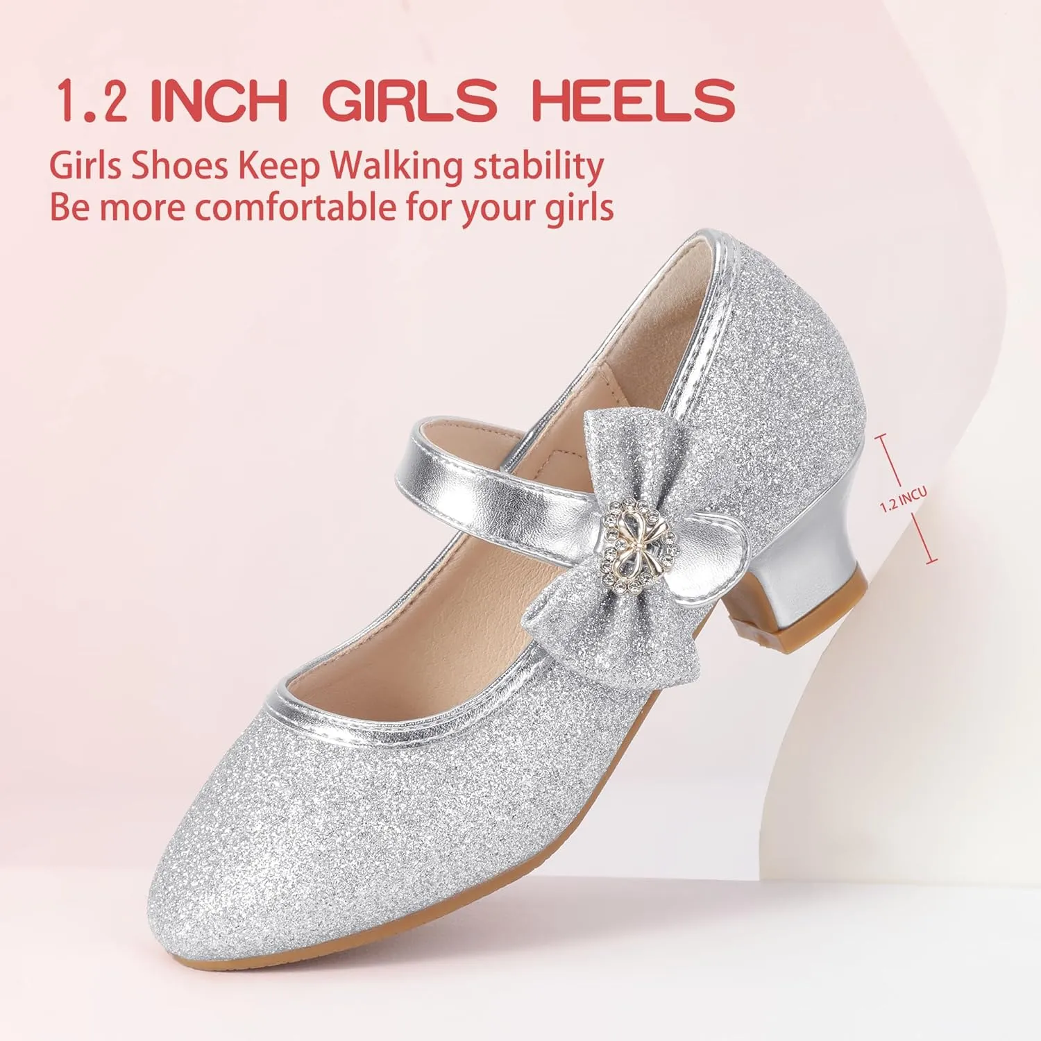 PANDANINJIA Christy Girls Heels Dress Shoes Mary Jane Rhinestone Bows Pumps Low Heel Princess Flower Wedding Party for Toddler Little Kid