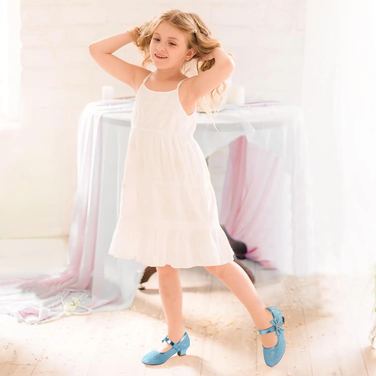 PANDANINJIA Christy Girls Heels Dress Shoes Mary Jane Rhinestone Bows Pumps Low Heel Princess Flower Wedding Party for Toddler Little Kid