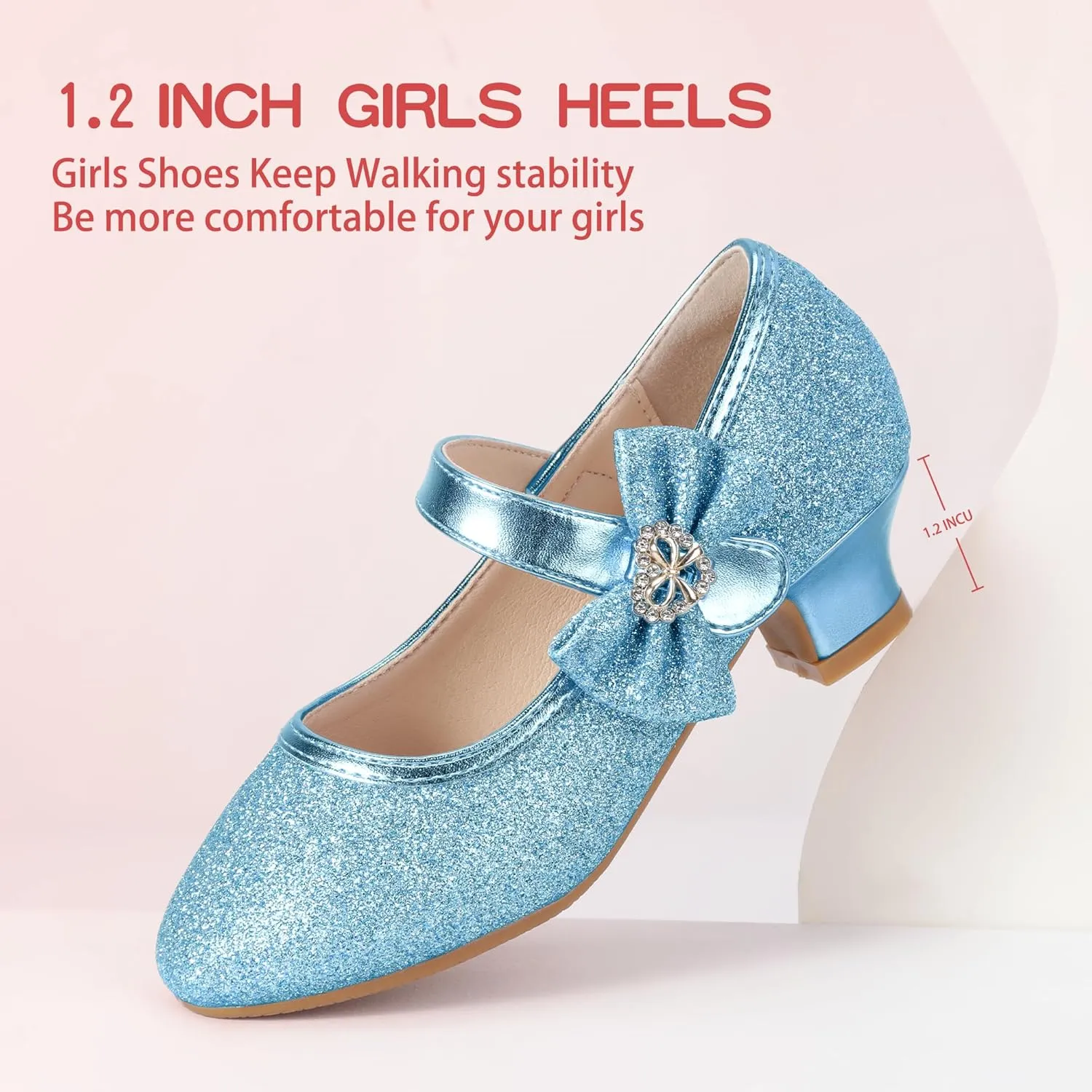 PANDANINJIA Christy Girls Heels Dress Shoes Mary Jane Rhinestone Bows Pumps Low Heel Princess Flower Wedding Party for Toddler Little Kid