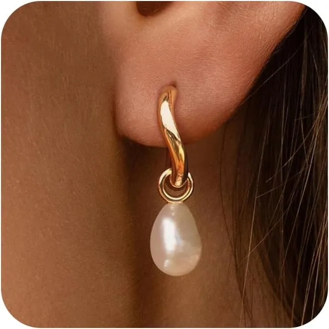 Pearl Earrings for Women Trendy, Gold Pearl Hoop Earrings for Women 14K Gold Plated Pearl Hoop Huggie Drop Earrings Wedding Jewelry Gifts for Women