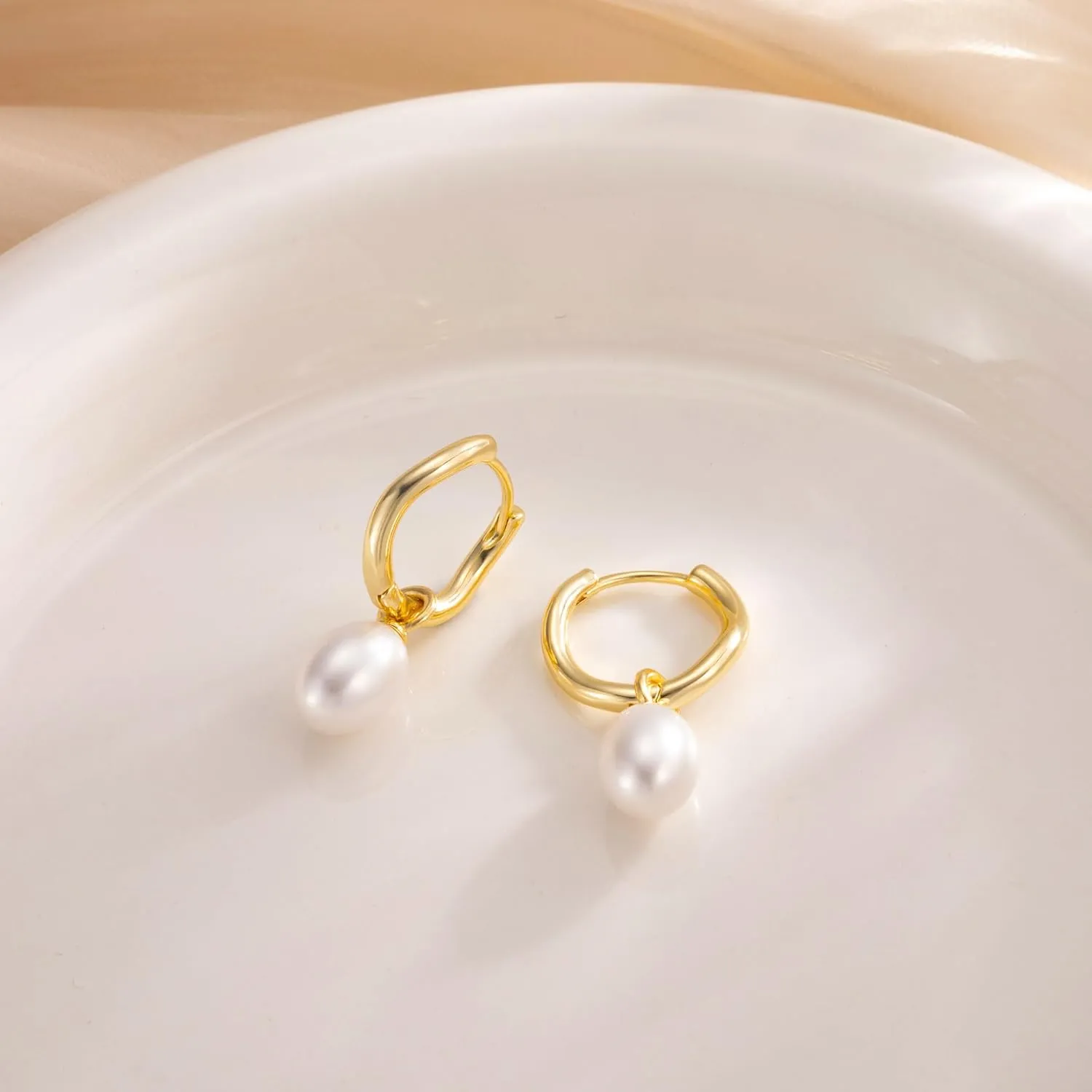 Pearl Earrings for Women Trendy, Gold Pearl Hoop Earrings for Women 14K Gold Plated Pearl Hoop Huggie Drop Earrings Wedding Jewelry Gifts for Women