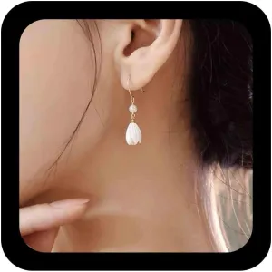 Pearl Flower Dangle Earrings Pearl Tulip Floral Earrings White Tulip Drop Earrings Tulip Flower Wedding Earrings Acrylic Flower Charm Earrings Jewelry for Women