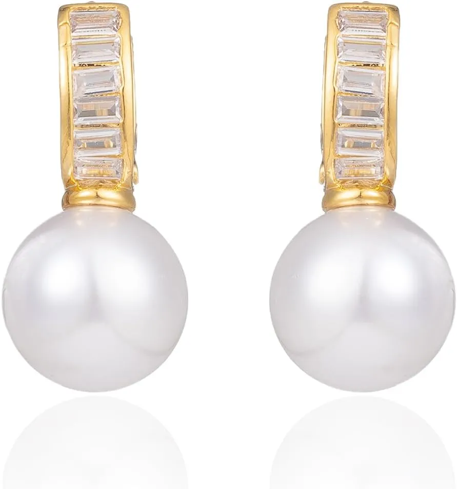 Pearl Wedding Earrings for Brides Pearl Drop Earrings for Women White Round Pearls 14K Gold Plated Bridal Earring for Wedding Rhinestone Pearls Earring Formal Bridesmaid Gifts Trendy Stuff