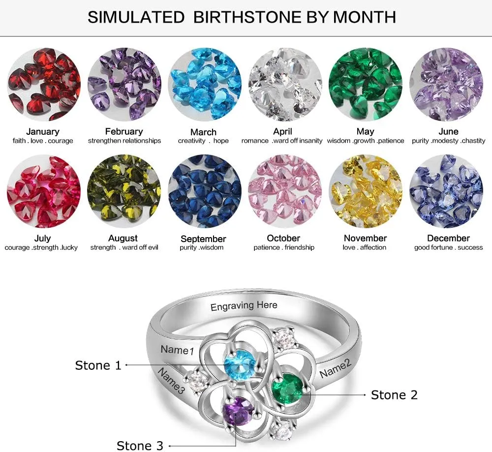 Personalized 925 Sterling Silver Mothers Rings with 3 Simulated Birthstones 3 Names Custom Flower Promise Ring Engraved Heart Rings for Women