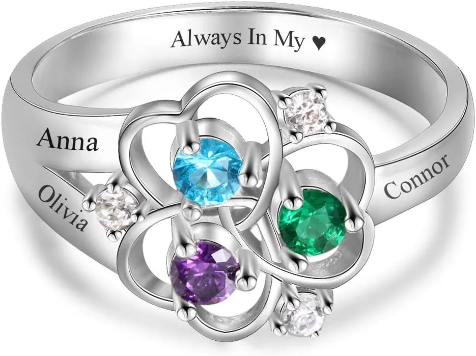 Personalized 925 Sterling Silver Mothers Rings with 3 Simulated Birthstones 3 Names Custom Flower Promise Ring Engraved Heart Rings for Women