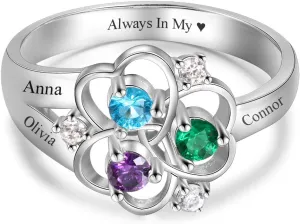 Personalized 925 Sterling Silver Mothers Rings with 3 Simulated Birthstones 3 Names Custom Flower Promise Ring Engraved Heart Rings for Women