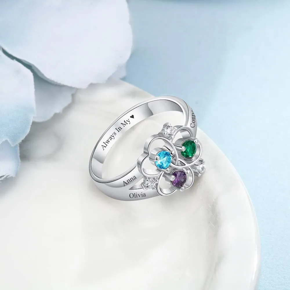 Personalized 925 Sterling Silver Mothers Rings with 3 Simulated Birthstones 3 Names Custom Flower Promise Ring Engraved Heart Rings for Women